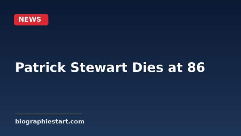 News graphic reading Patrick Stewart Dies at 86 on a dark blue background